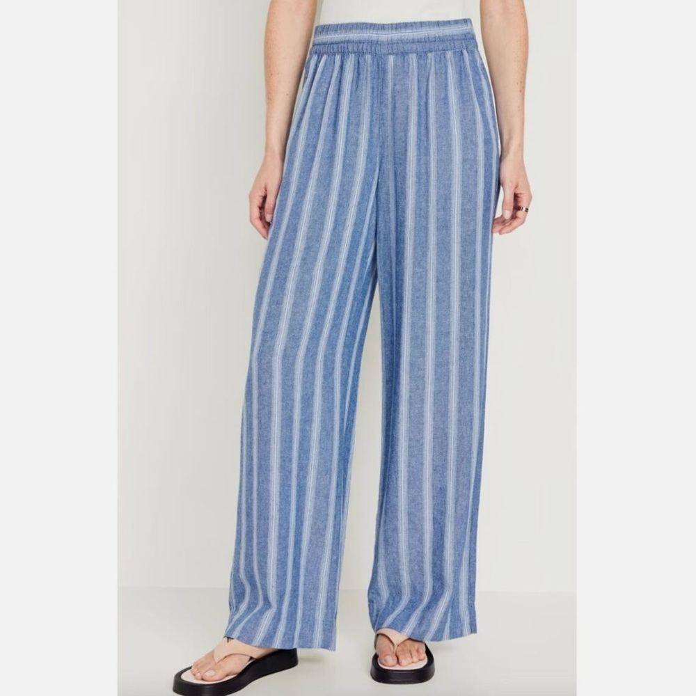 NWT Old Navy High Rise Wide Leg Linen Blend Striped Pants Blue White Size L